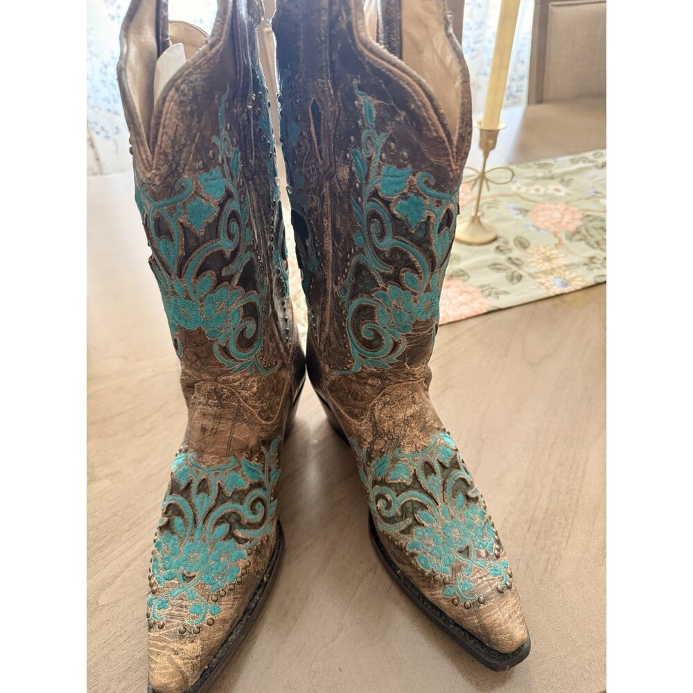 Women Western L D Dark Ant. Saddle / Turquoise Inlay & Studs SZ: 9/ Width: M NEW